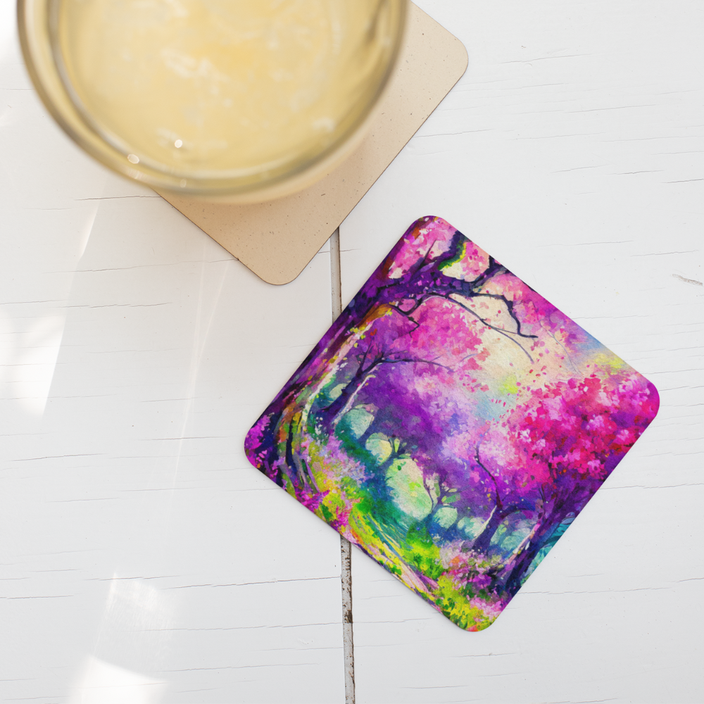 
                  
                    Purple and Pink Cork drink Coaster on white table
                  
                