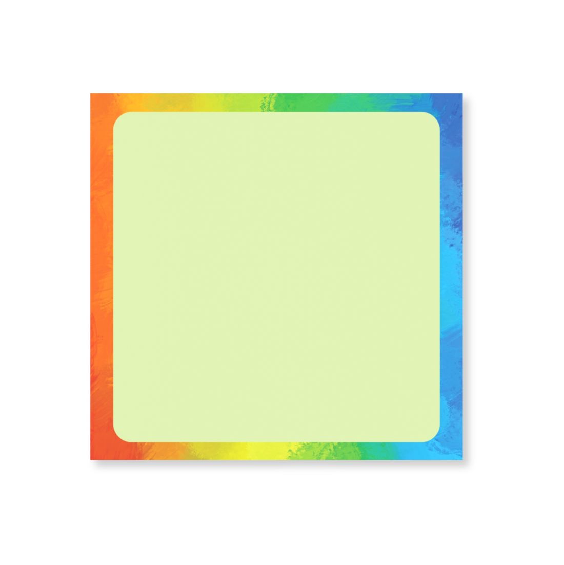 A square sticky note pad with a pale yellow-green center and a colorful rainbow border on a white background.