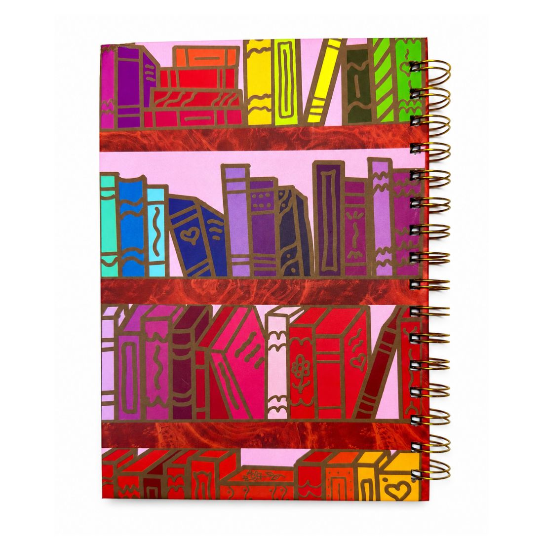 A spiral-bound notebook with a colorful cover illustration of bookshelves filled with stylized books in pink, red, orange, yellow, green, blue, and purple tones, shown on a plain white background.