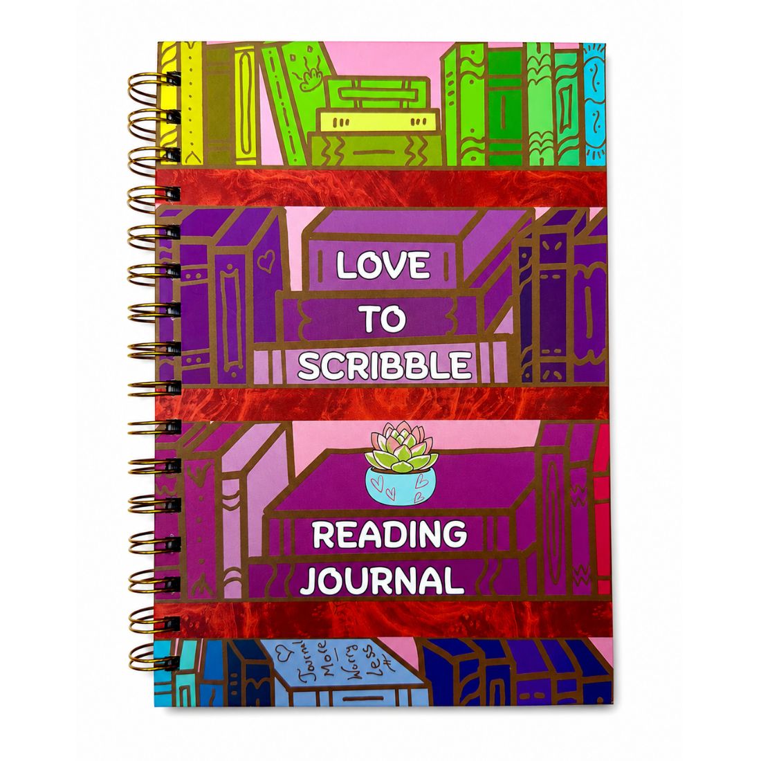 A spiral-bound notebook with a colorful graphic cover featuring stylized book spines and the text 'LOVE TO SCRIBBLE' and 'READING JOURNAL'.