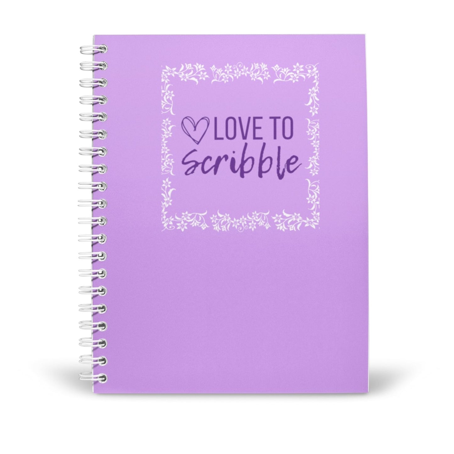 Purple notebook with 'Love to Scribble' text on a white background