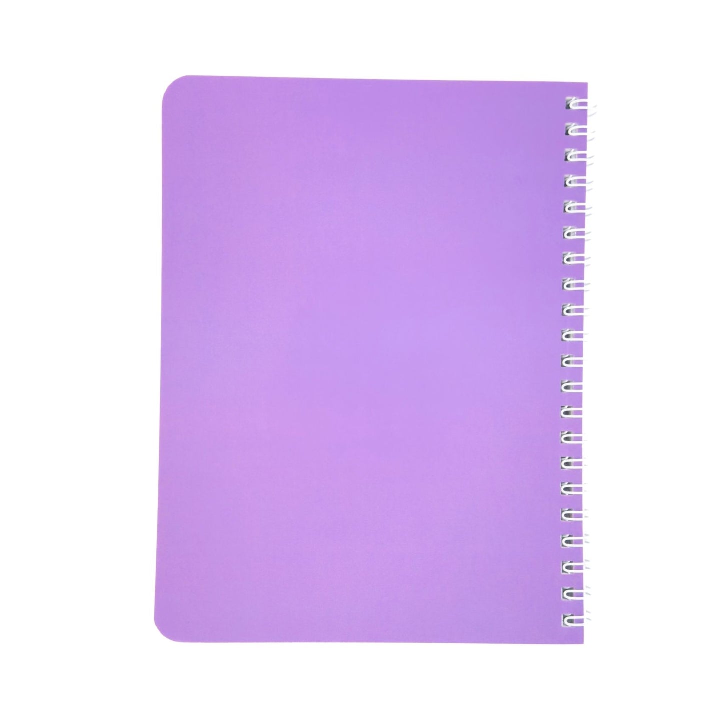 Purple notebook with a white spiral binding on a white background