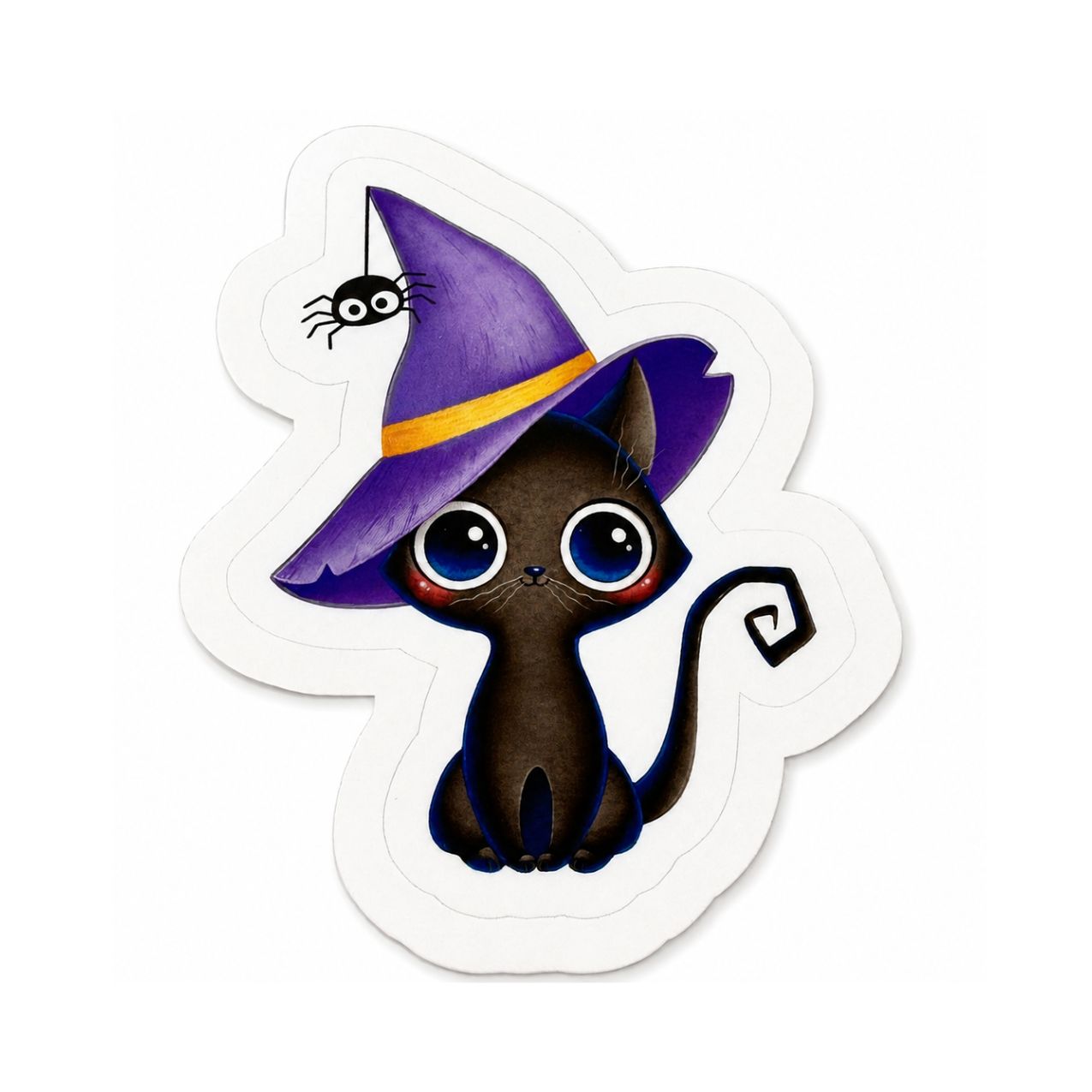 A die-cut sticker featuring a cute cartoon black cat wearing a purple witch hat with a yellow band and a spider detail, shown on a plain white background.