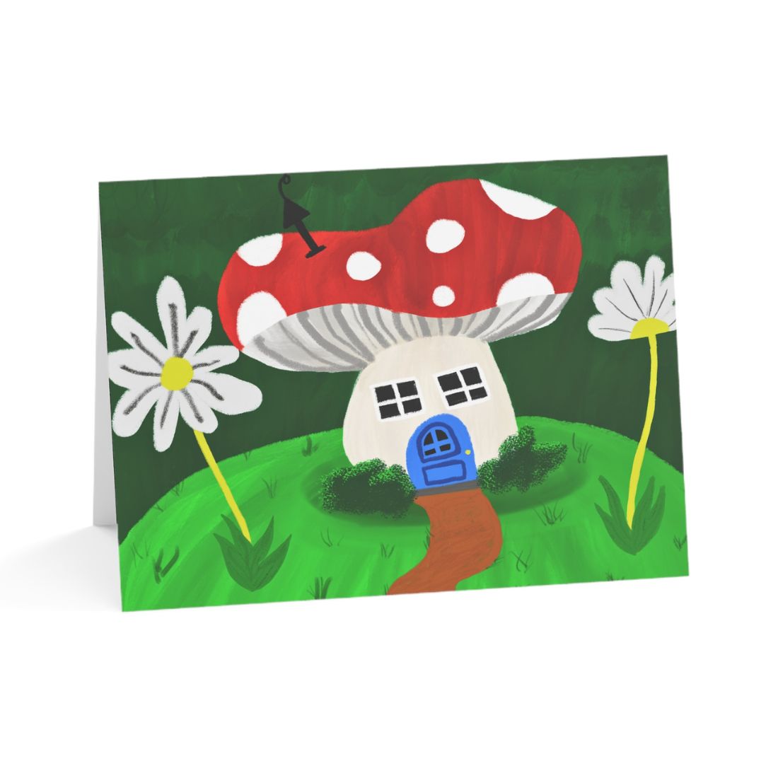 Love To Scribble greeting card featuring a red mushroom house with white spots, a blue door, and large white daisies against a green background.