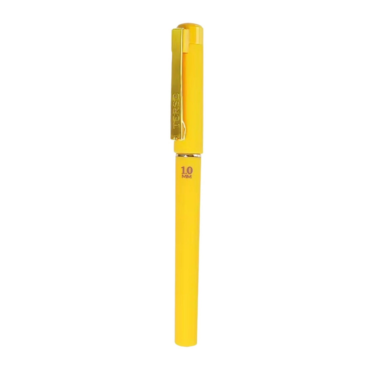 Yellow pen with a gold clip on a white background