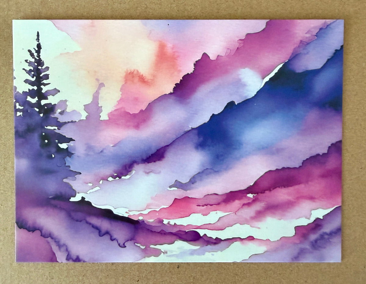 Watercolor painting of a landscape with purple and pink hues on a textured beige background