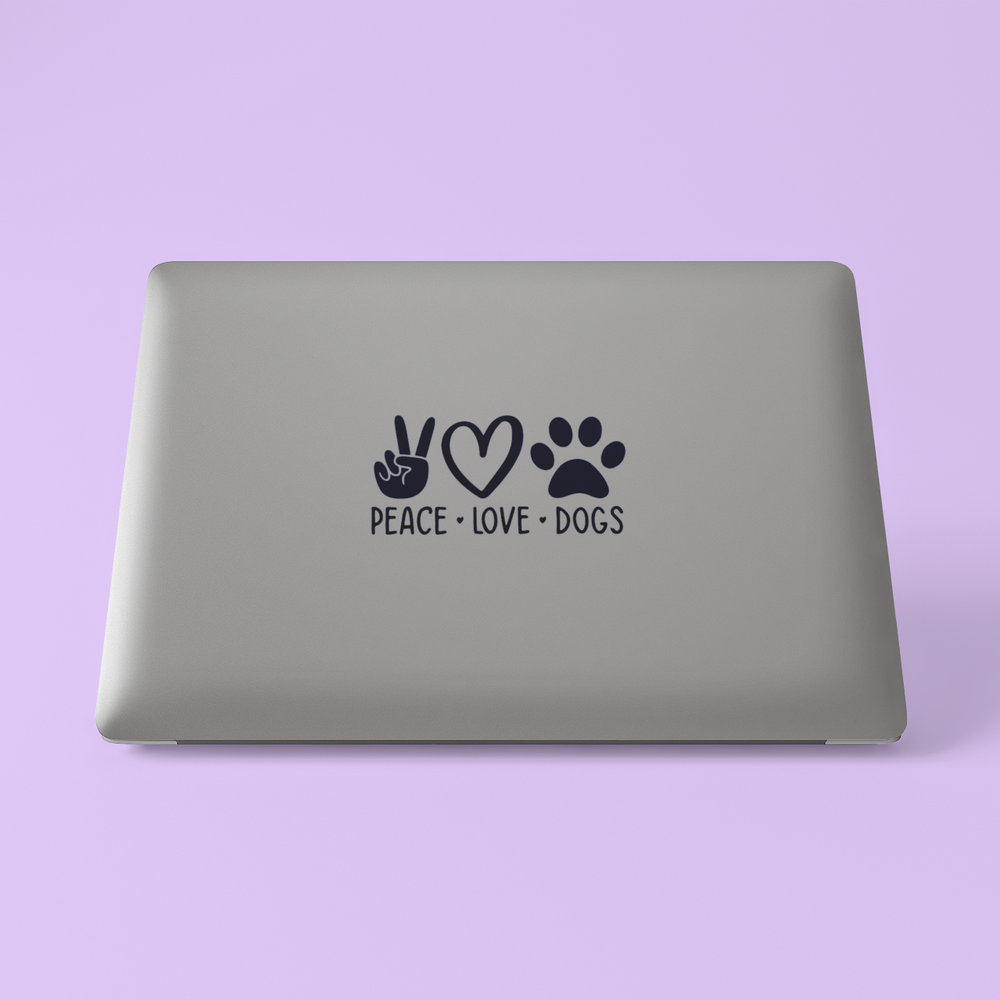 
                  
                    Peace Love Dogs Decal on back of computer
                  
                