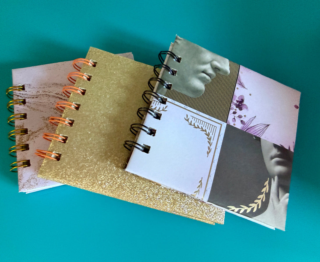 Three spiral-bound notebooks with different cover designs on a teal background